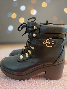 Wild Pair Black Lace-Up Lug Sole Ankle Boots with Gold Hardware